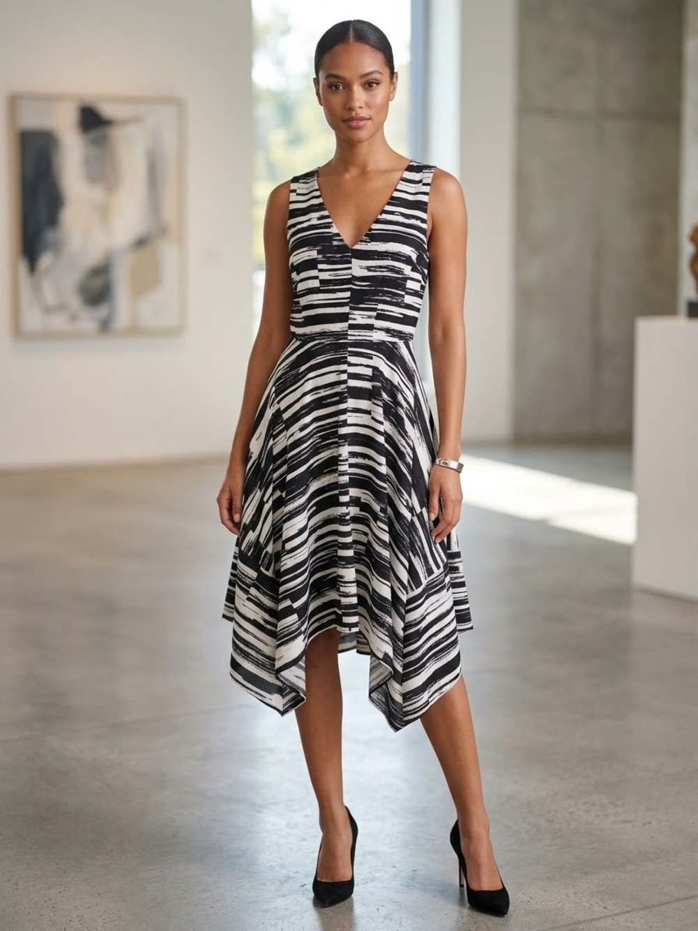 Metaphor Black & White High-Low V-Neck Dress